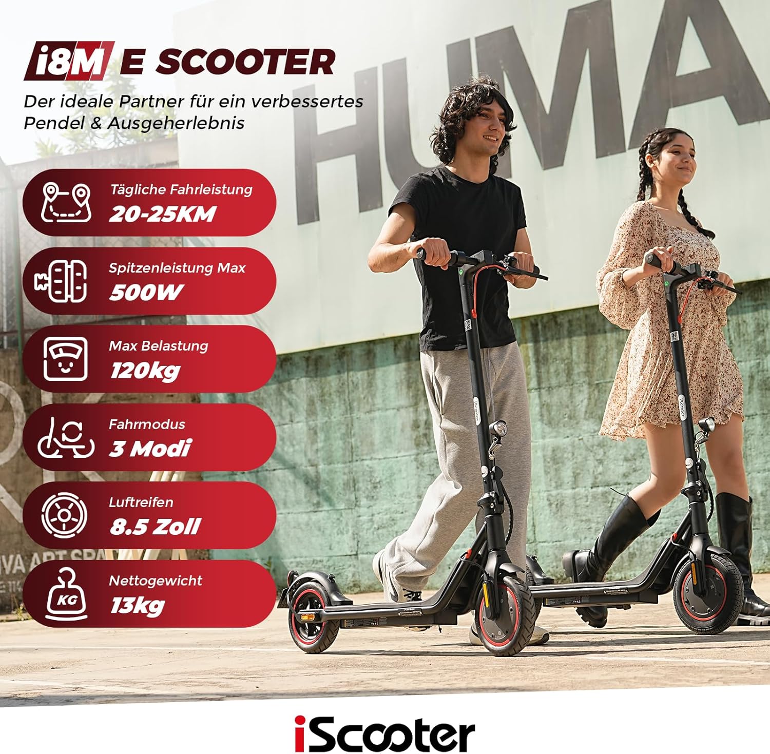 i8M Elektroroller, 15 Meilen Reichweite, 19 mph Höchstgeschwindigkeit