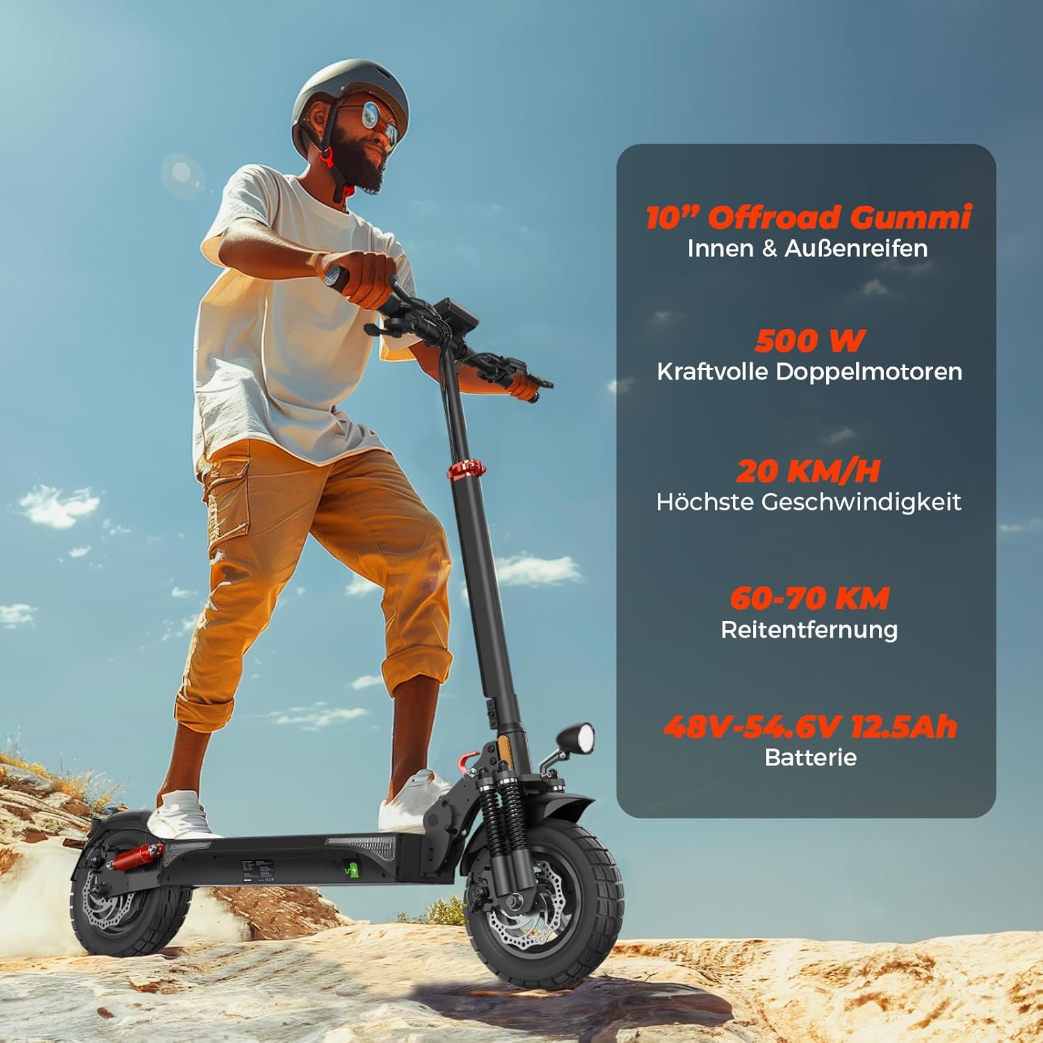 T4 E-Scooter mit Straßenzulassung, 10 Zoll Offroad-Luftreifen, Doppelfederung, bis 70 km Reichweite, 12,5Ah Akku