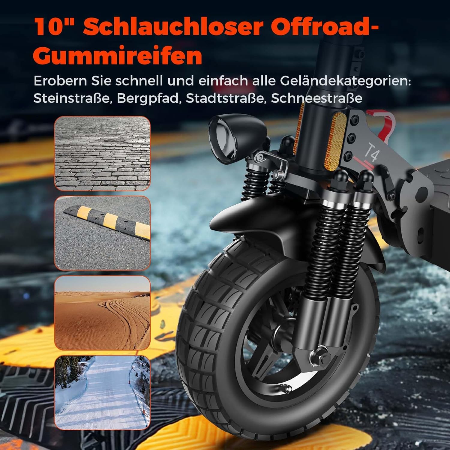 T4 E-Scooter mit Straßenzulassung, 10 Zoll Offroad-Luftreifen, Doppelfederung, bis 70 km Reichweite, 12,5Ah Akku