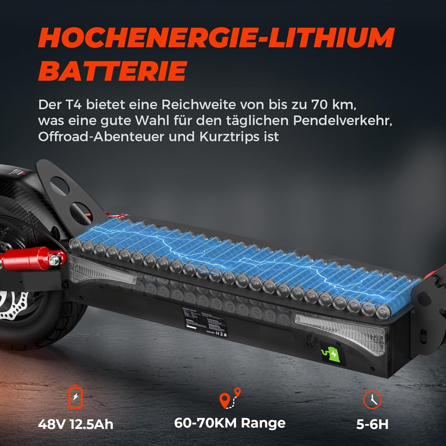 T4 E-Scooter mit Straßenzulassung, 10 Zoll Offroad-Luftreifen, Doppelfederung, bis 70 km Reichweite, 12,5Ah Akku