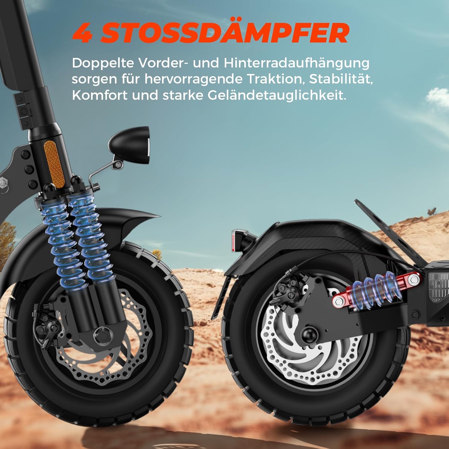 T4 E-Scooter mit Straßenzulassung, 10 Zoll Offroad-Luftreifen, Doppelfederung, bis 70 km Reichweite, 12,5Ah Akku