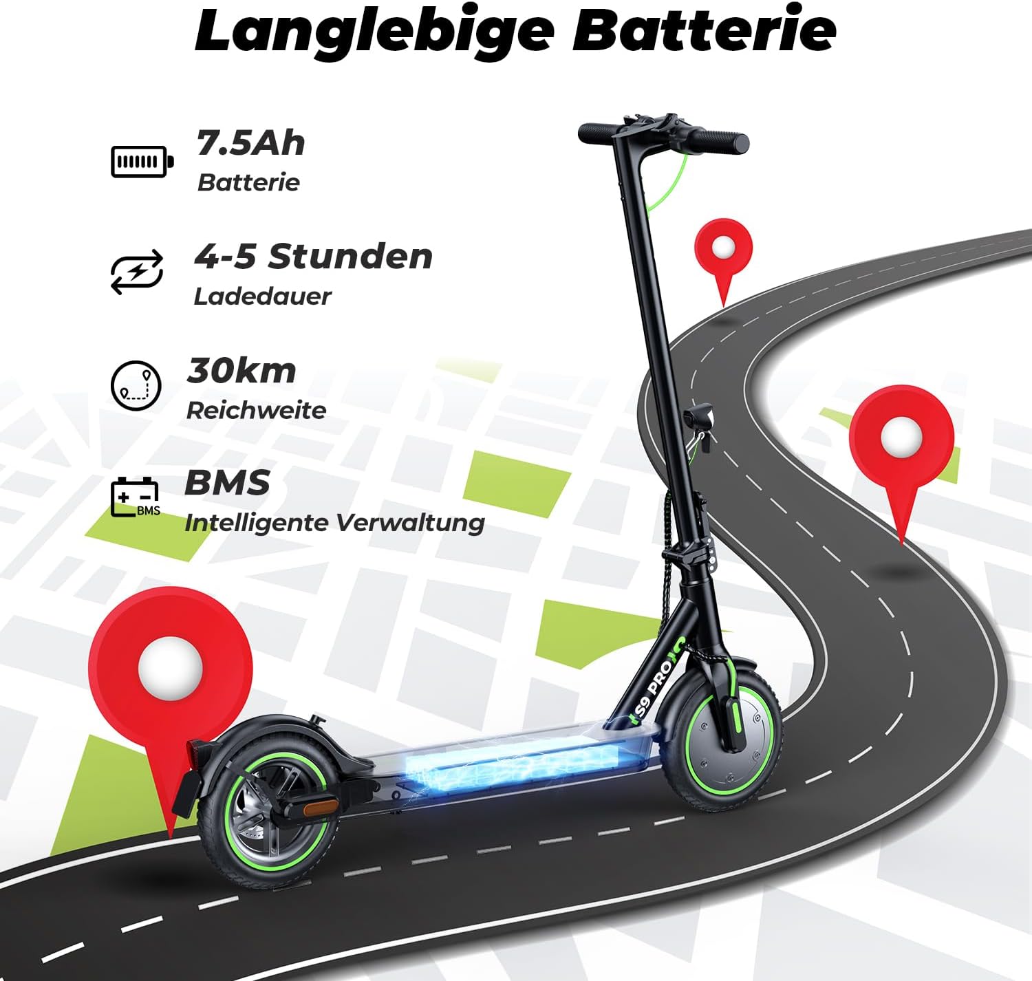 S9pro E Scooter mit Straßenzulassung, 350W Motor, 30KM Reichweite