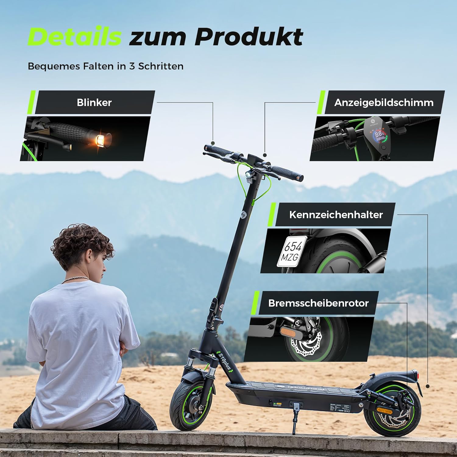 S10Plus E Scooter mit Straßenzulassung, 60KM Reichweite, 10 Zoll Reifen, Doppelte Stoßdämpfung & Duales Bremssystem