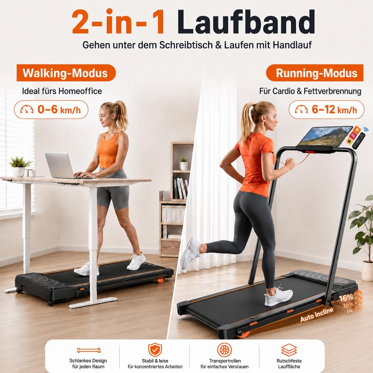 JT53 Laufband für Zuhause mit 16% Auto Steigung, Walking Pad Klappbar