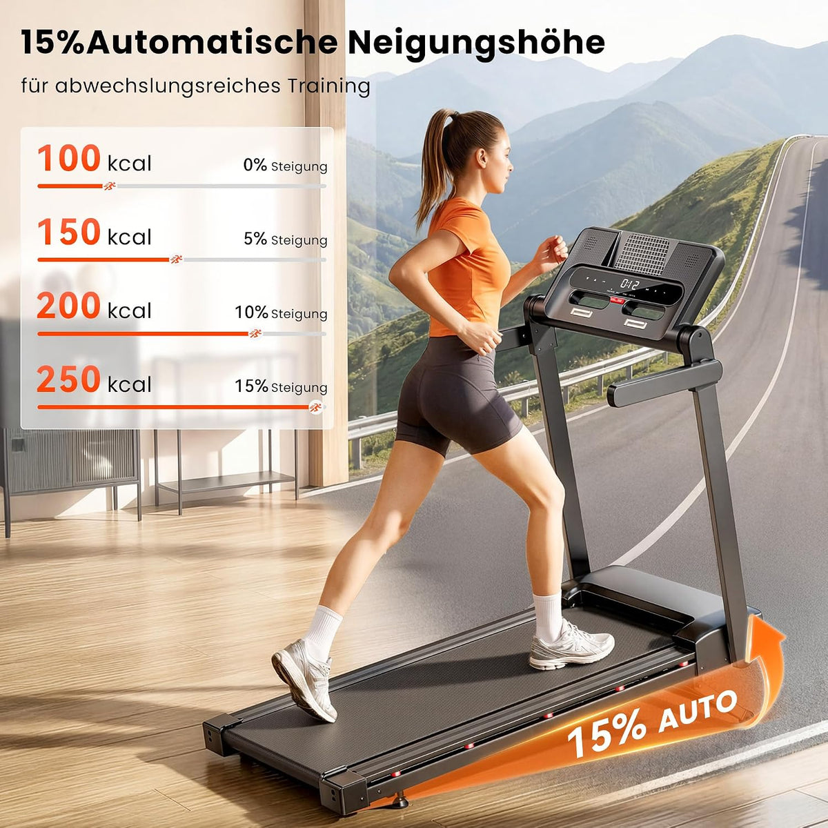 JT54 Laufband für Zuhause Klappbar, 15% Auto-Steigung 14km/h Fitnessgerät