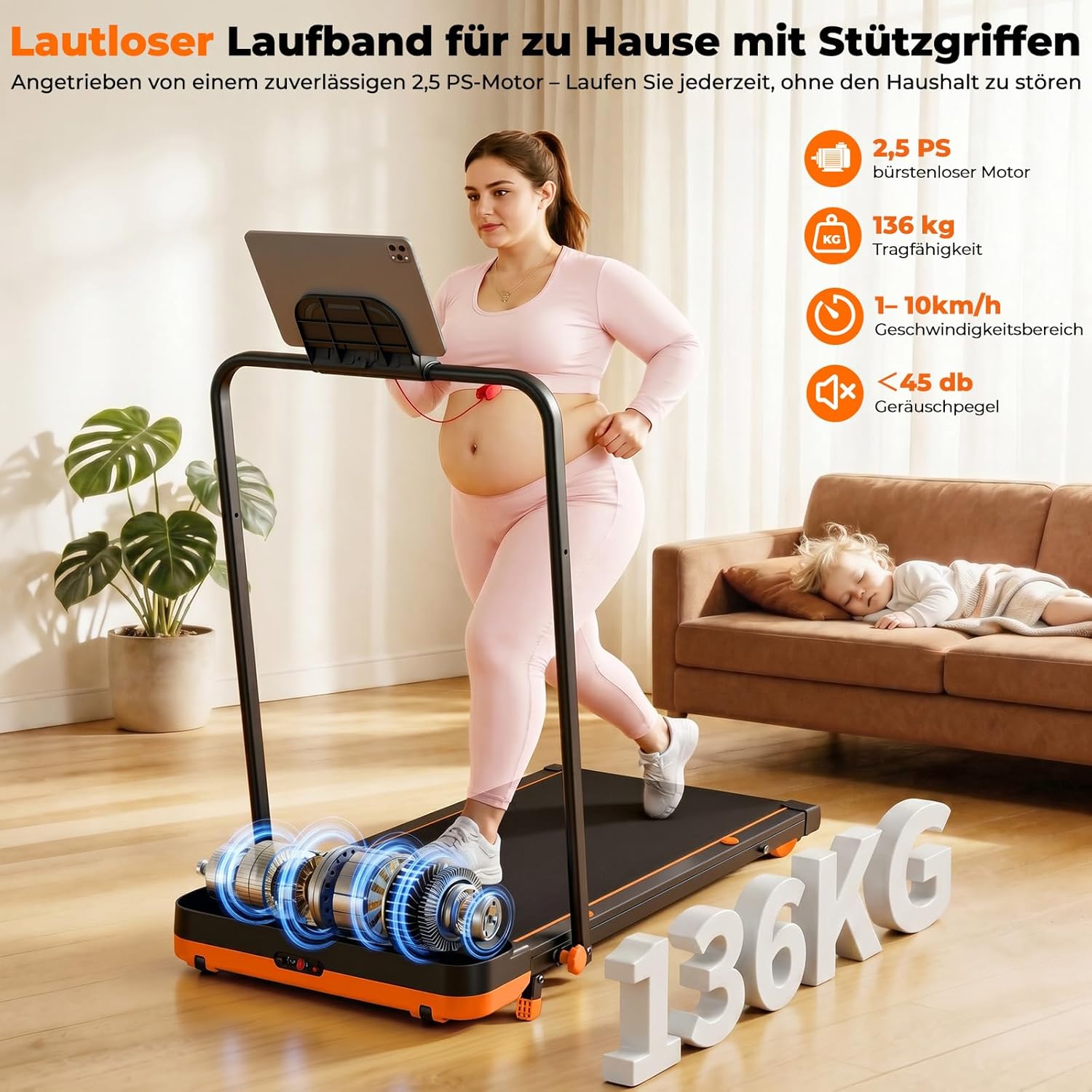 JT56 Laufband für Zuhause mit Reha & Vibrationsstufen, Walking Pad Schreibtisch