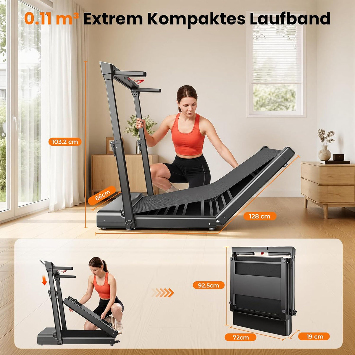 JT57 Walking Pad für Zuhause, 3-fach Klappbar mit Höhenverstellbarem Handlauf Laufband