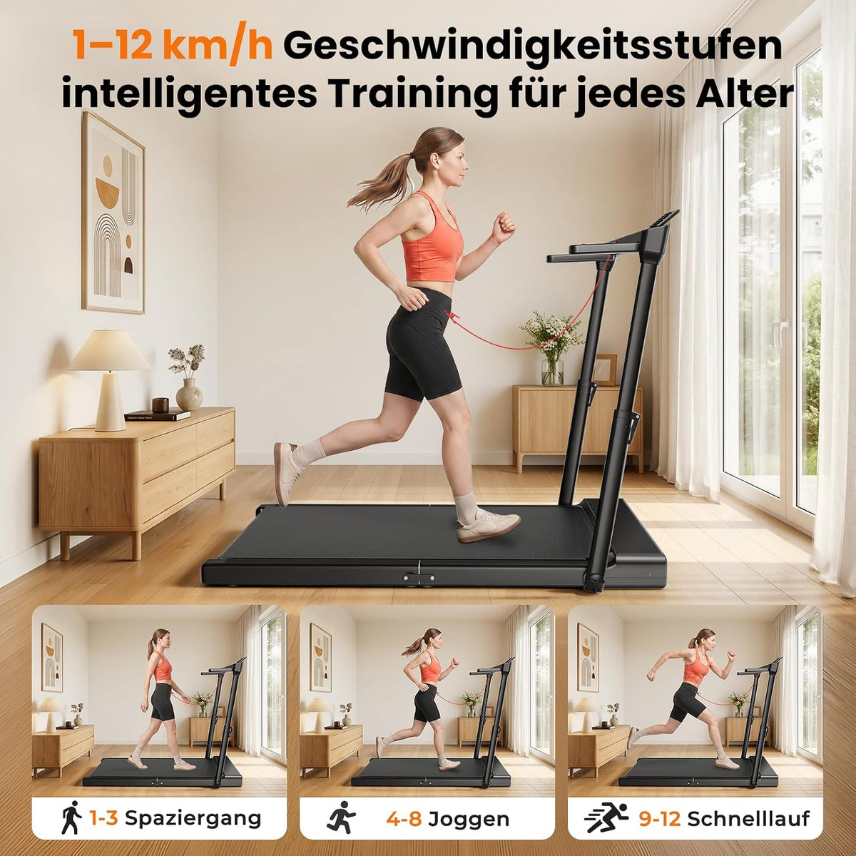 JT57 Walking Pad für Zuhause, 3-fach Klappbar mit Höhenverstellbarem Handlauf Laufband