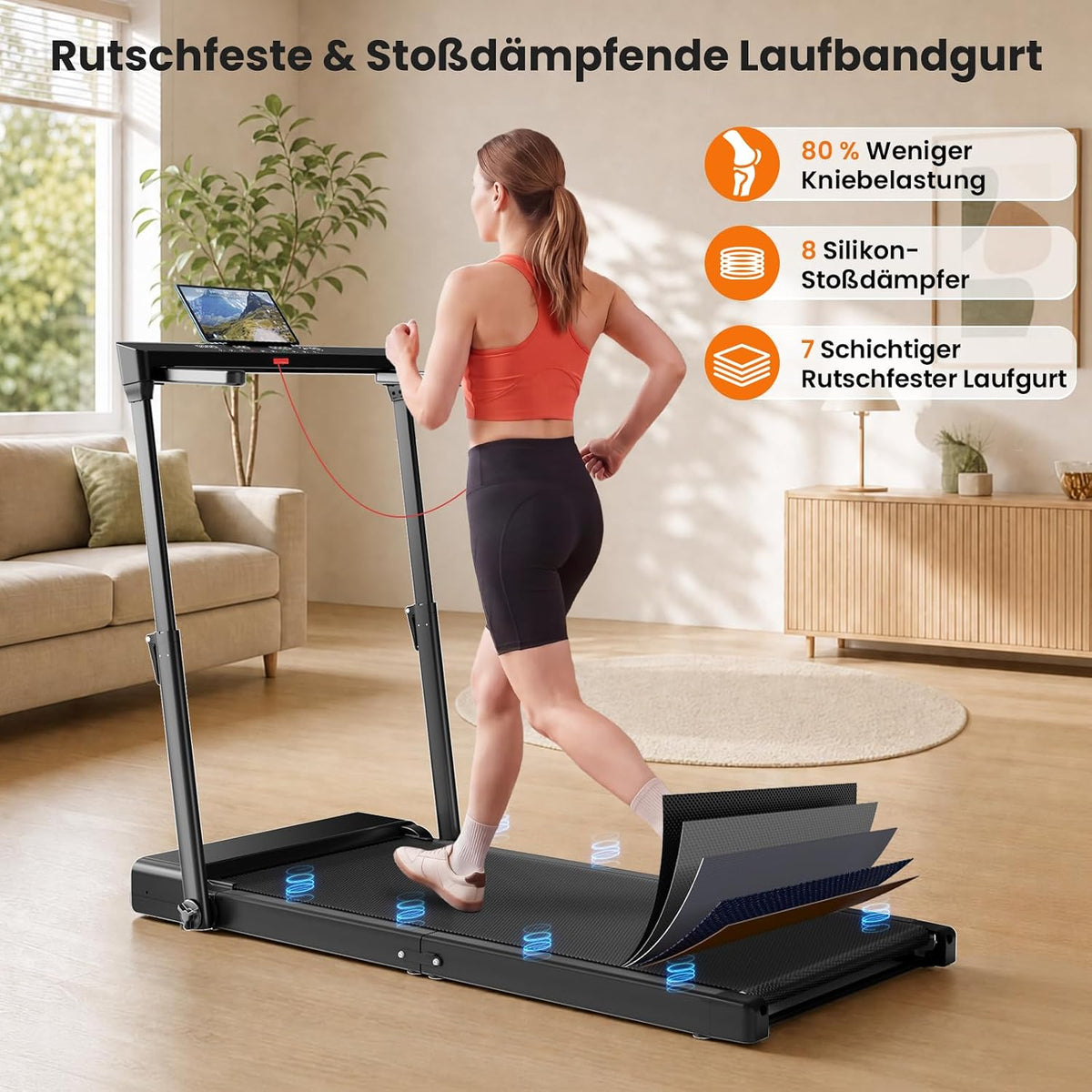 JT57 Walking Pad für Zuhause, 3-fach Klappbar mit Höhenverstellbarem Handlauf Laufband