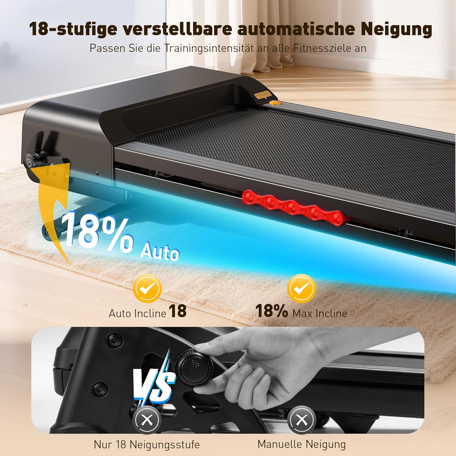 JT62 Laufband für Zuhause mit 18% Auto Steigung, 180kg Tragkraft Laufband Klappbar
