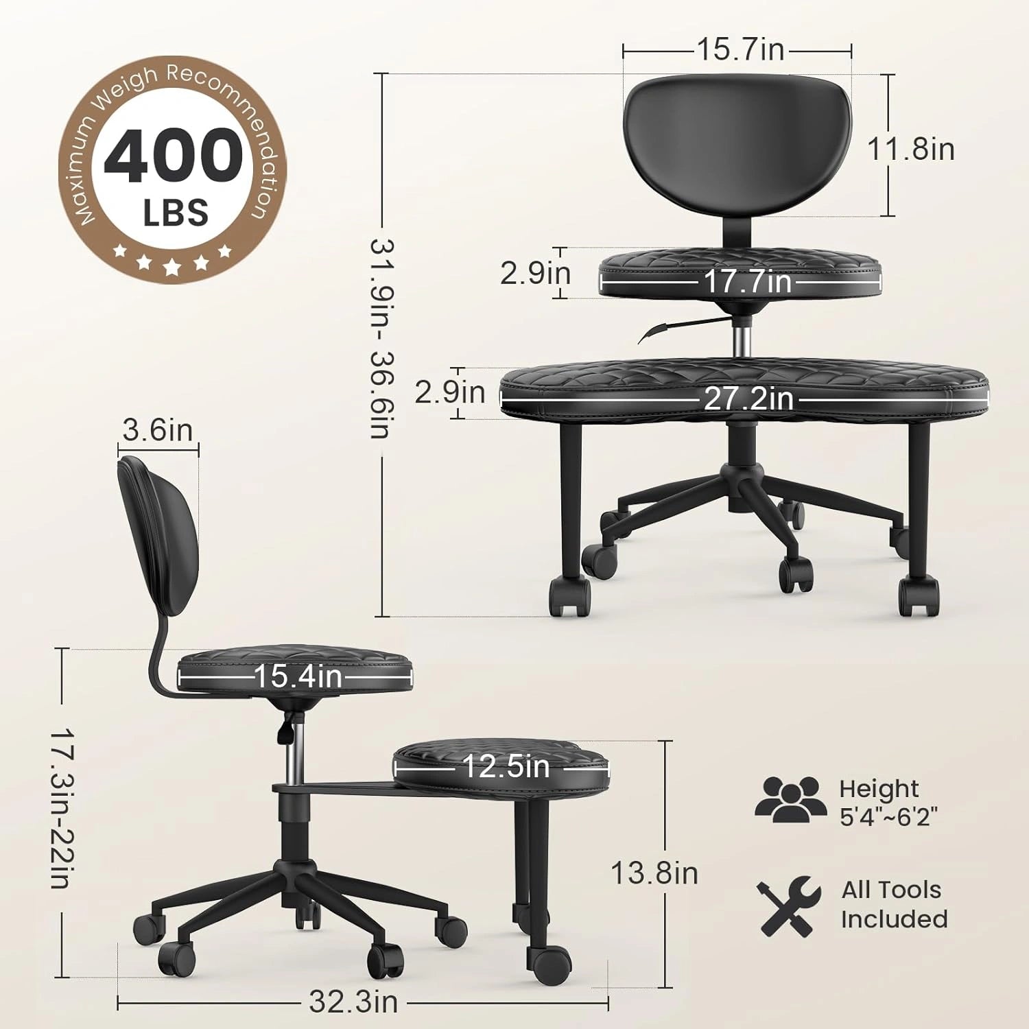 LPTYZ02 Bürostuhl ergonomisch für Schneidersitz breit Schreibtischstuhl 360° drehbar