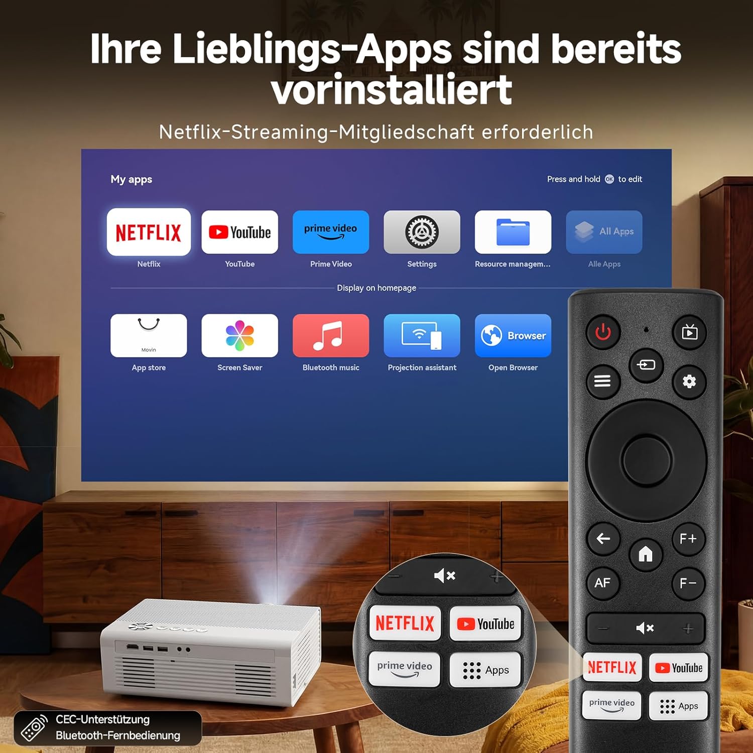 GC357 4K Beamer Smart Full HD mit Netflix & Autofokus，Weiß