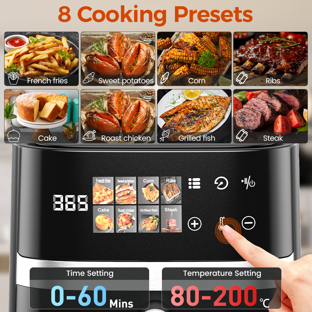 AF302 5,5L Heißluftfritteuse, 8-in-1 Air Fryer mit LED-Touchdisplay & Sichtfenster, 1350W