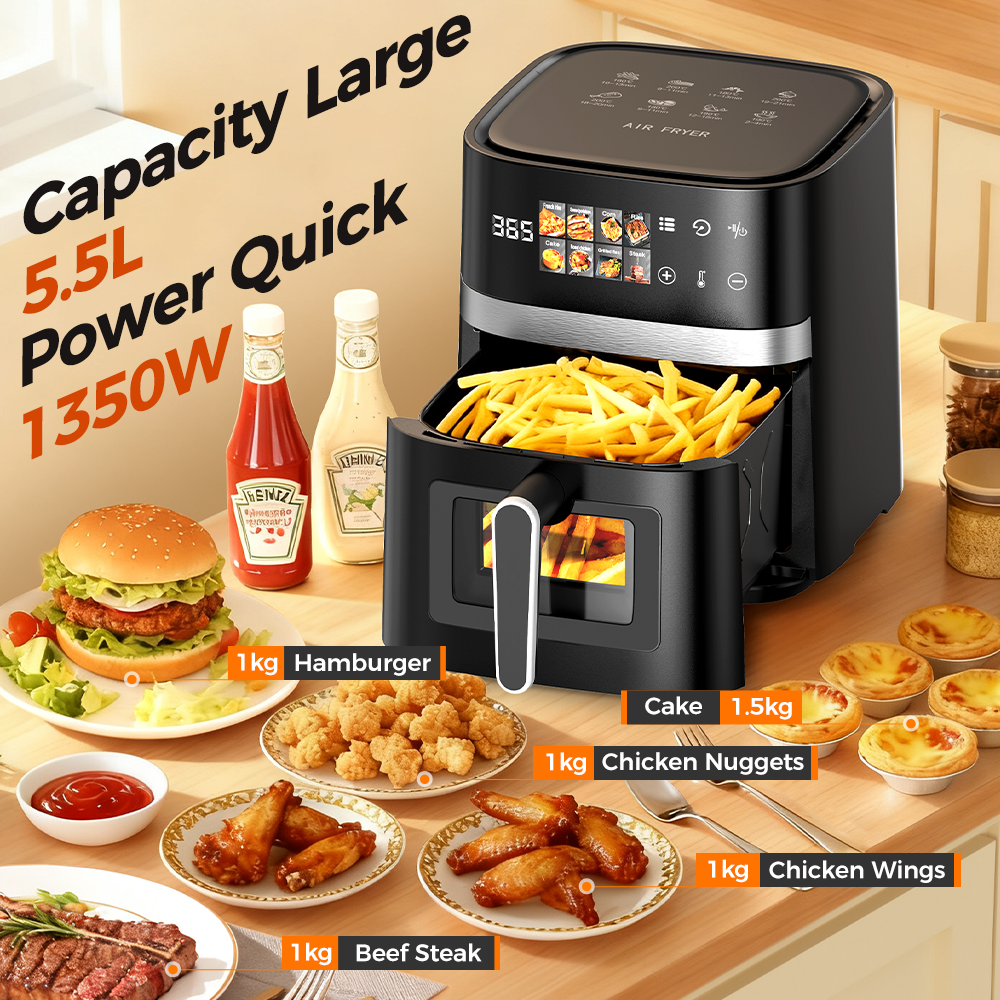 AF302 5,5L Heißluftfritteuse, 8-in-1 Air Fryer mit LED-Touchdisplay & Sichtfenster, 1350W