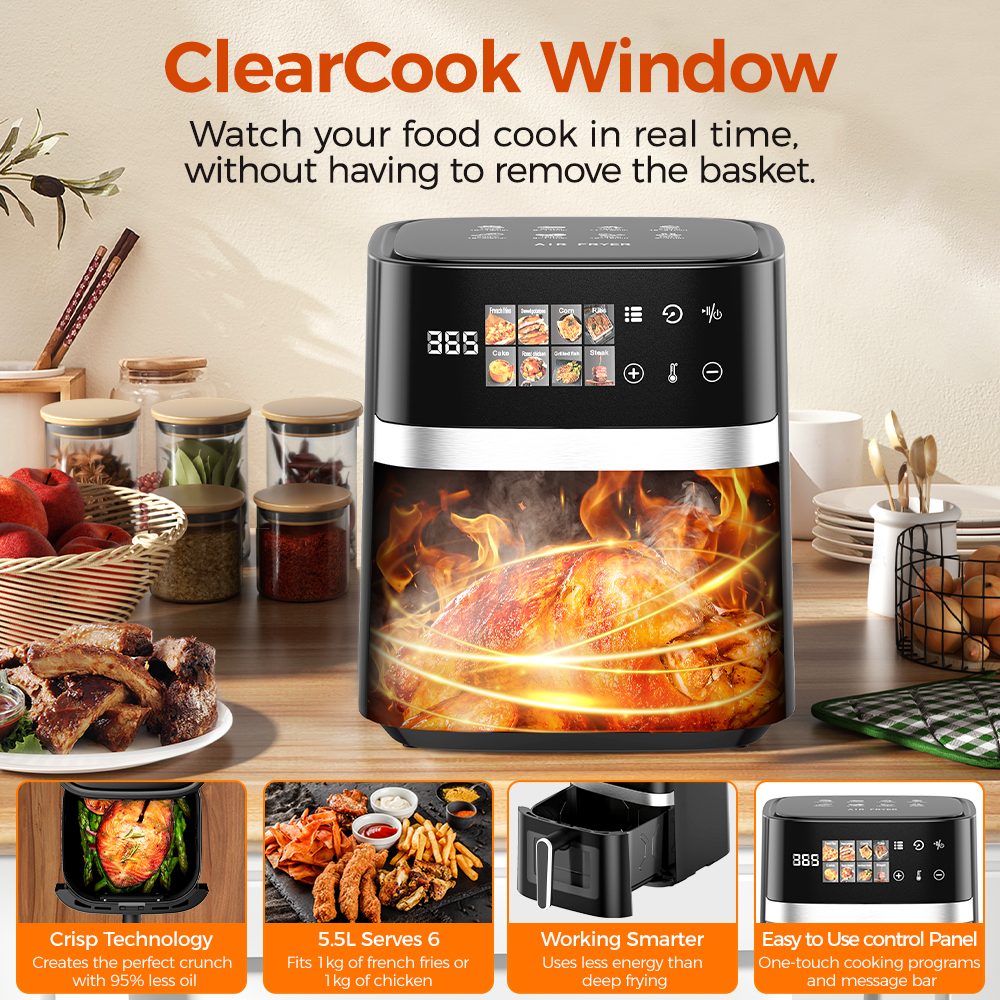 AF302 5,5L Heißluftfritteuse, 8-in-1 Air Fryer mit LED-Touchdisplay & Sichtfenster, 1350W