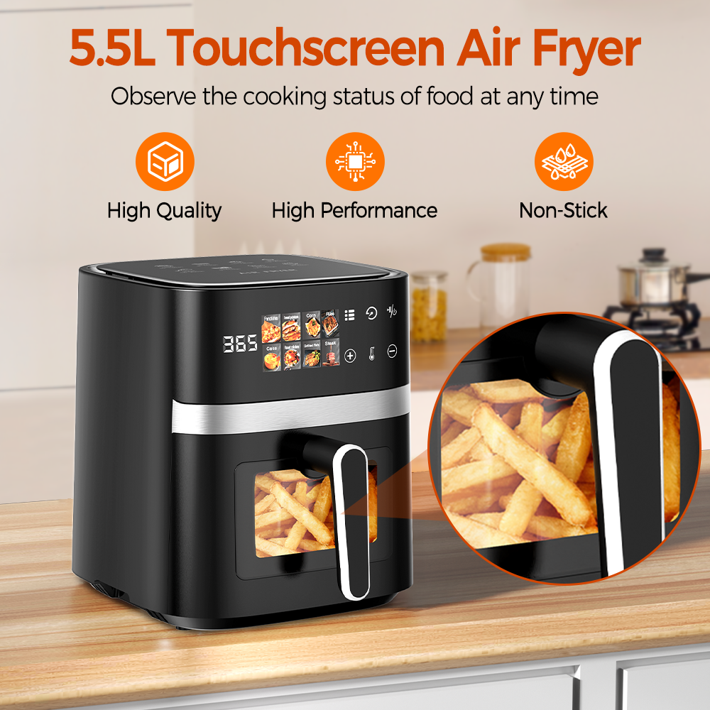 AF302 5,5L Heißluftfritteuse, 8-in-1 Air Fryer mit LED-Touchdisplay & Sichtfenster, 1350W