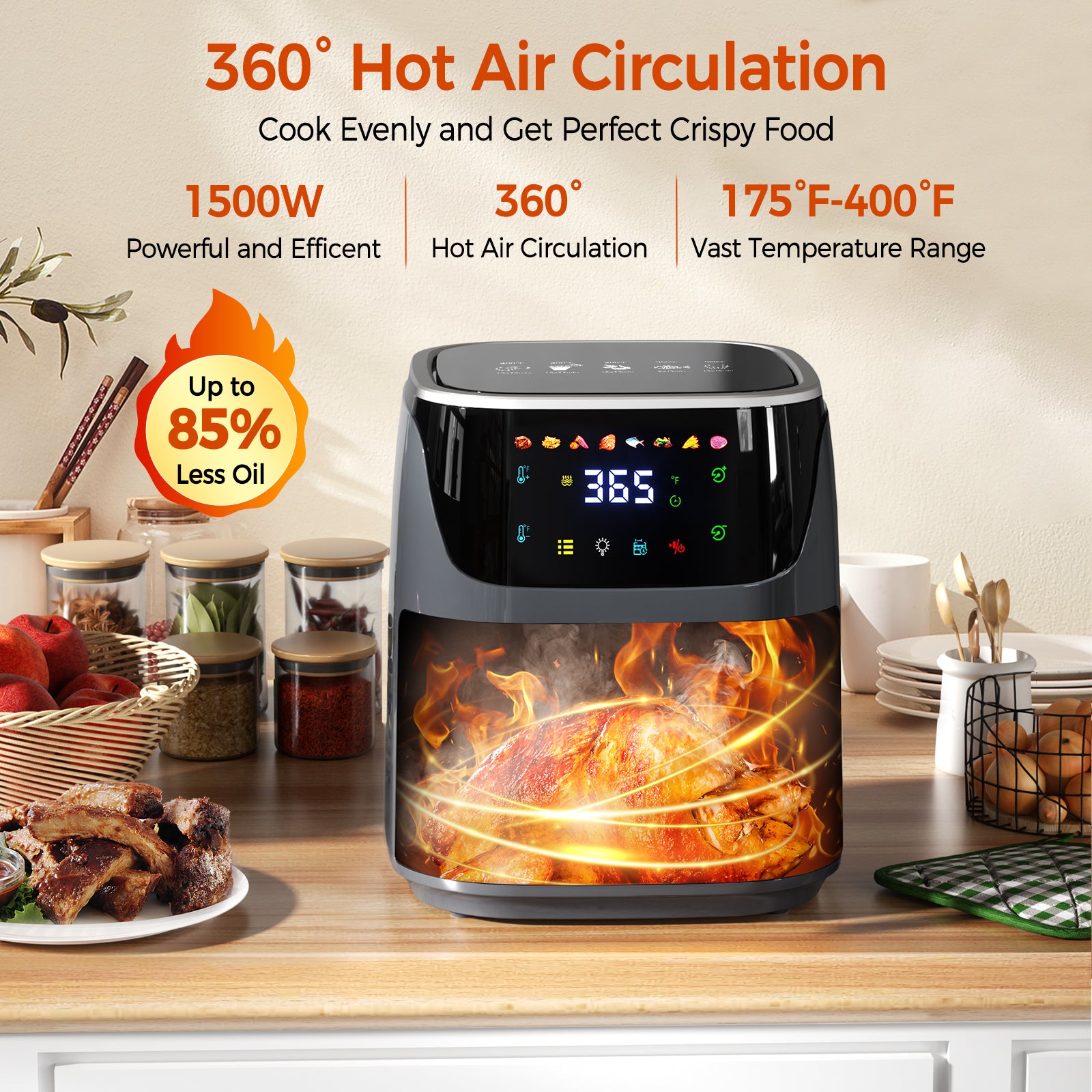 AF304 7L Heißluftfritteuse, 1500W Air Fryer mit 8 Programmen & Sichtfenster, Fettreduziertes Frittieren