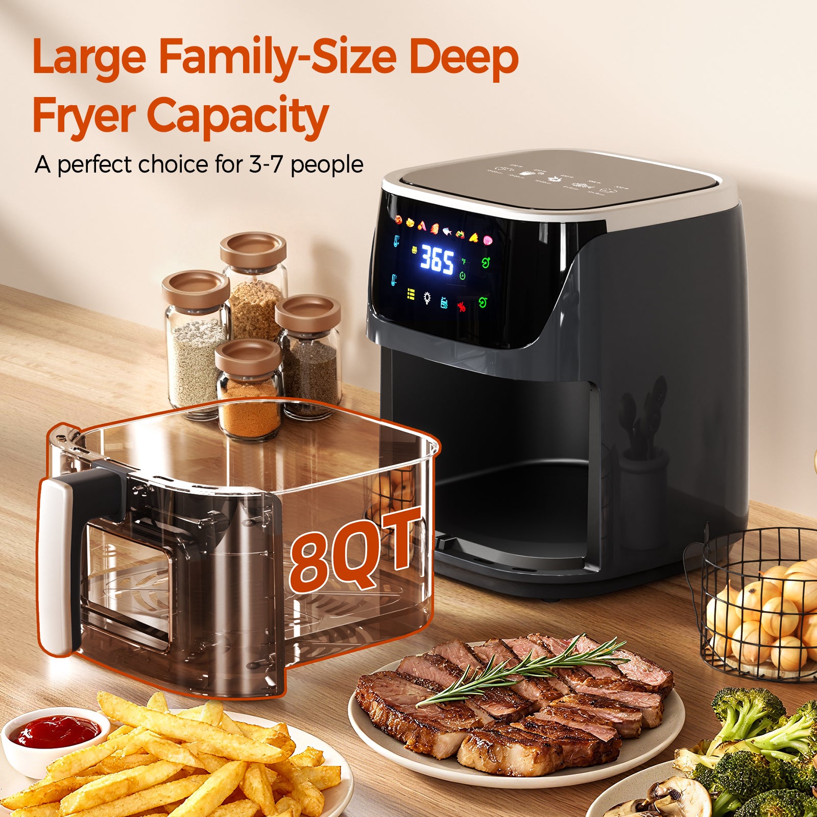 AF304 7L Heißluftfritteuse, 1500W Air Fryer mit 8 Programmen & Sichtfenster, Fettreduziertes Frittieren