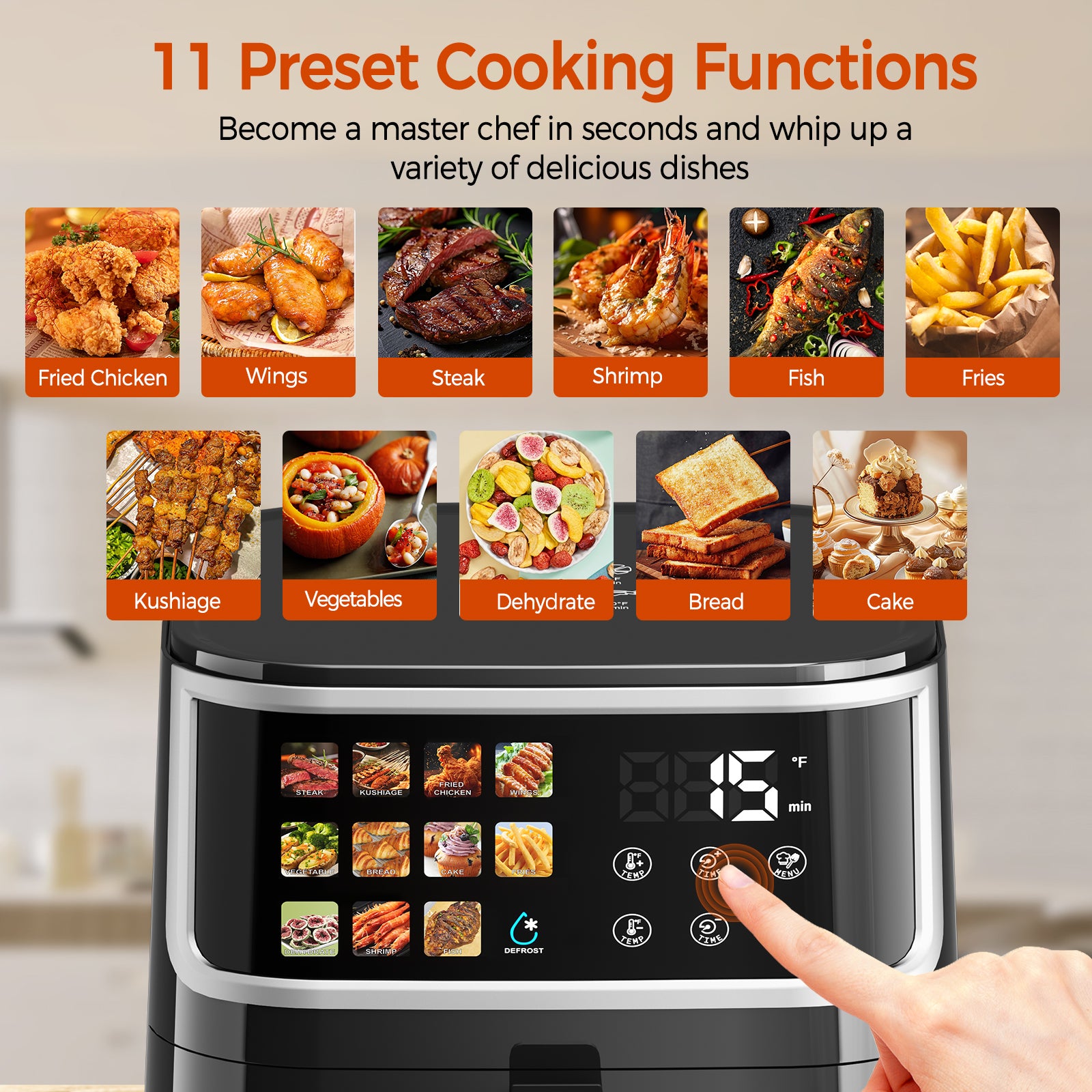 AF305 8L Heißluftfritteuse, Air Fryer mit LED-Touchdisplay & 11 Programmen,1700W