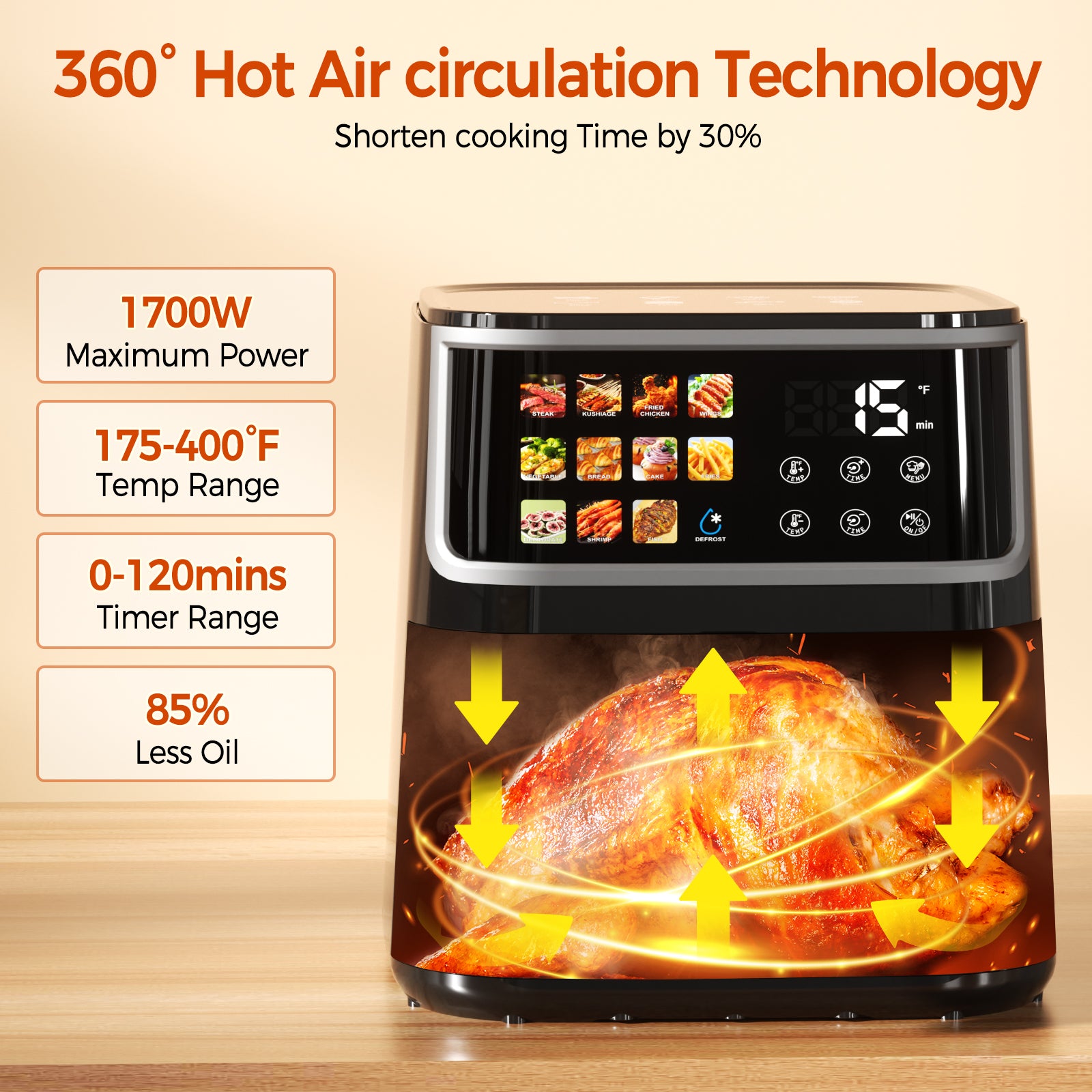 AF305 8L Heißluftfritteuse, Air Fryer mit LED-Touchdisplay & 11 Programmen,1700W