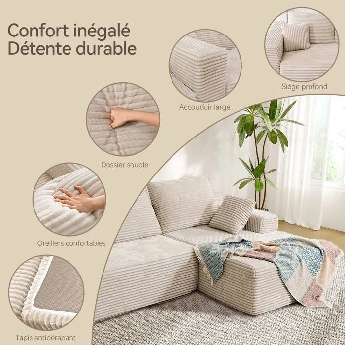 LH01 Ecksofa Cord, Modulares Cloud Bodensofa ohne Aufbau, 263cm Couch L-Form