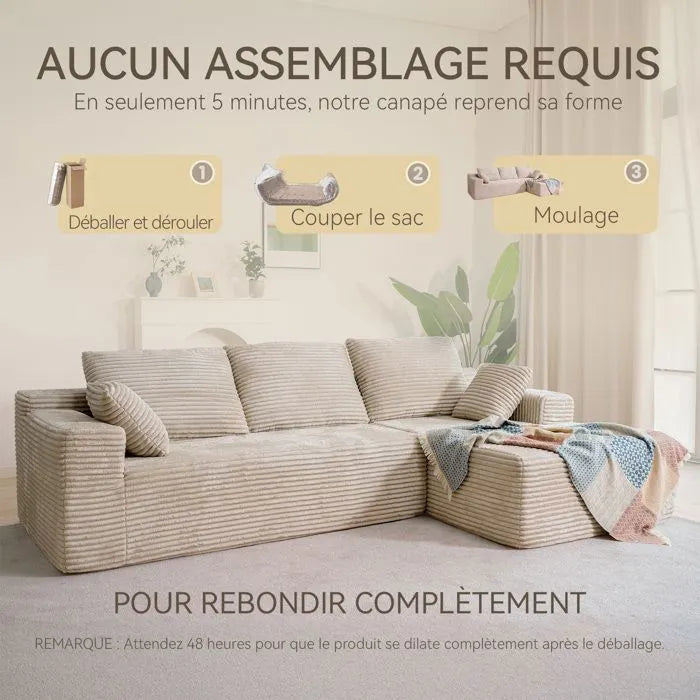LH01 Ecksofa Cord, Modulares Cloud Bodensofa ohne Aufbau, 263cm Couch L-Form