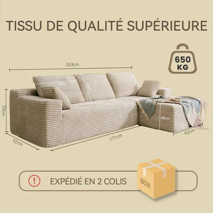 LH01 Ecksofa Cord, Modulares Cloud Bodensofa ohne Aufbau, 263cm Couch L-Form