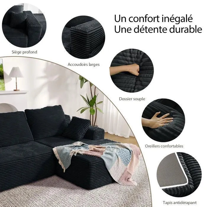 LH01 Ecksofa Cord, Modulares Cloud Bodensofa ohne Aufbau, 263cm Couch L-Form
