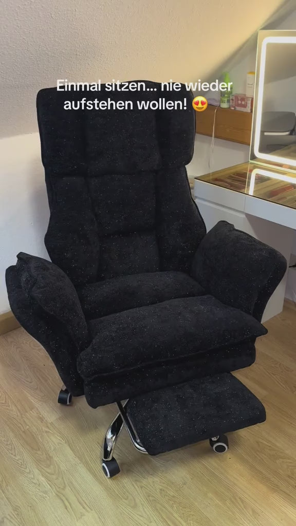 Video laden: LB01 Galaxieschwarz Bürostuhl Ergonomisch, 82cm Schneidersitz Chefsessel Stoff mit Fussstütze
