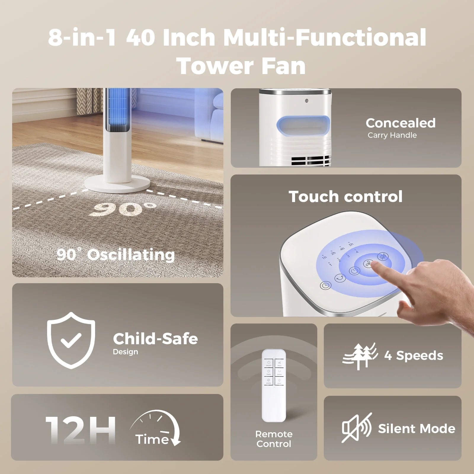 TF011 Turmventilator Leise 90° Oszillation 40 Zoll mit Fernbedienung & 12h-Timer